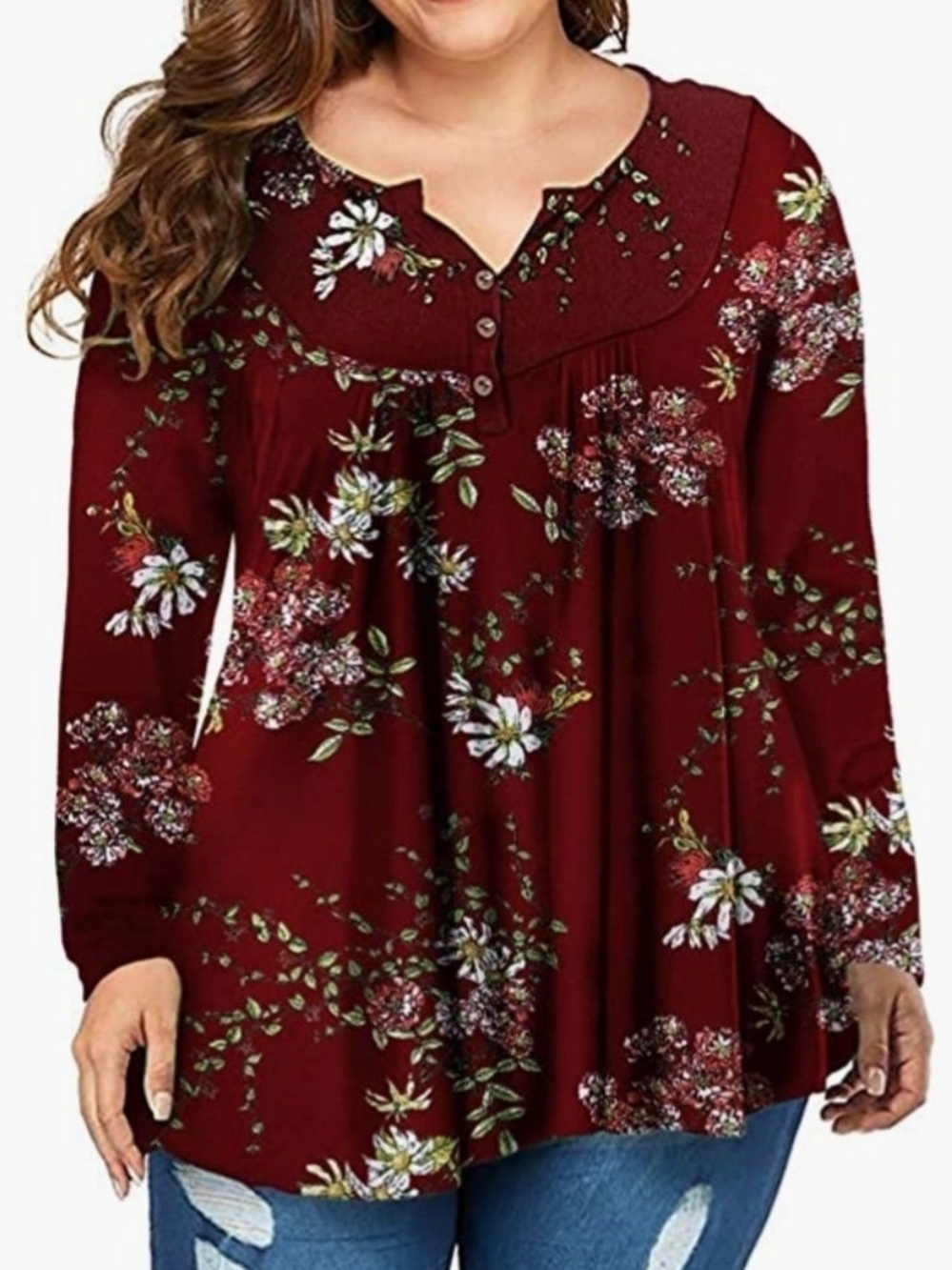 Plus-Size Floral Henley Tunic Top - Burgundy